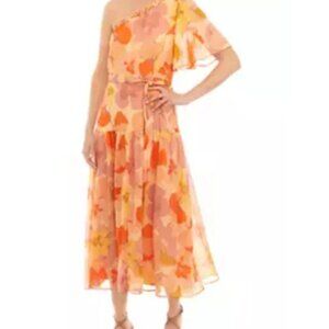 NWT Taylor Peach Floral One Shoulder Tie Belt Midi Dress, Size 10